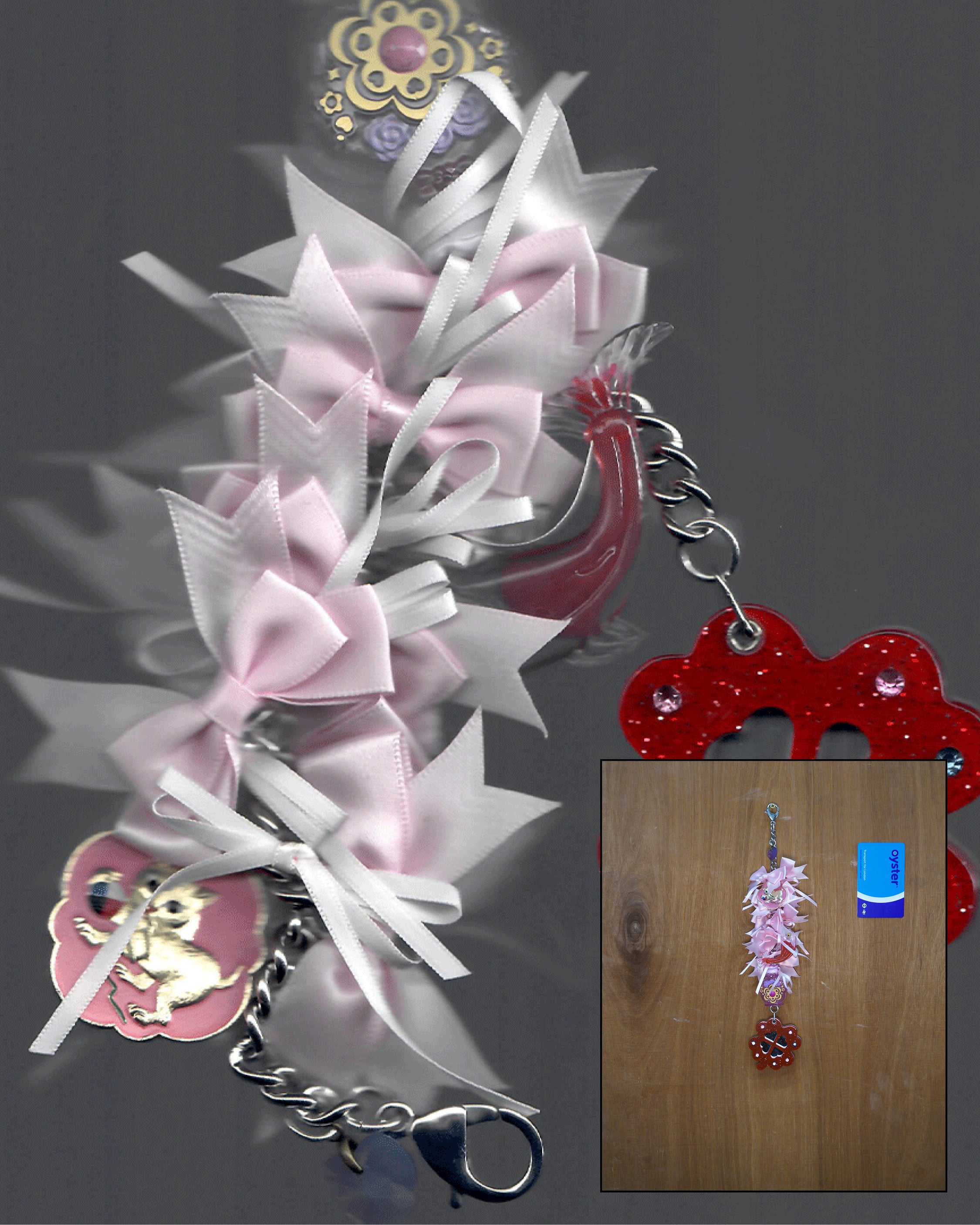 Rose Mirror Ribbon Bow Artisan Keychain - Long 05