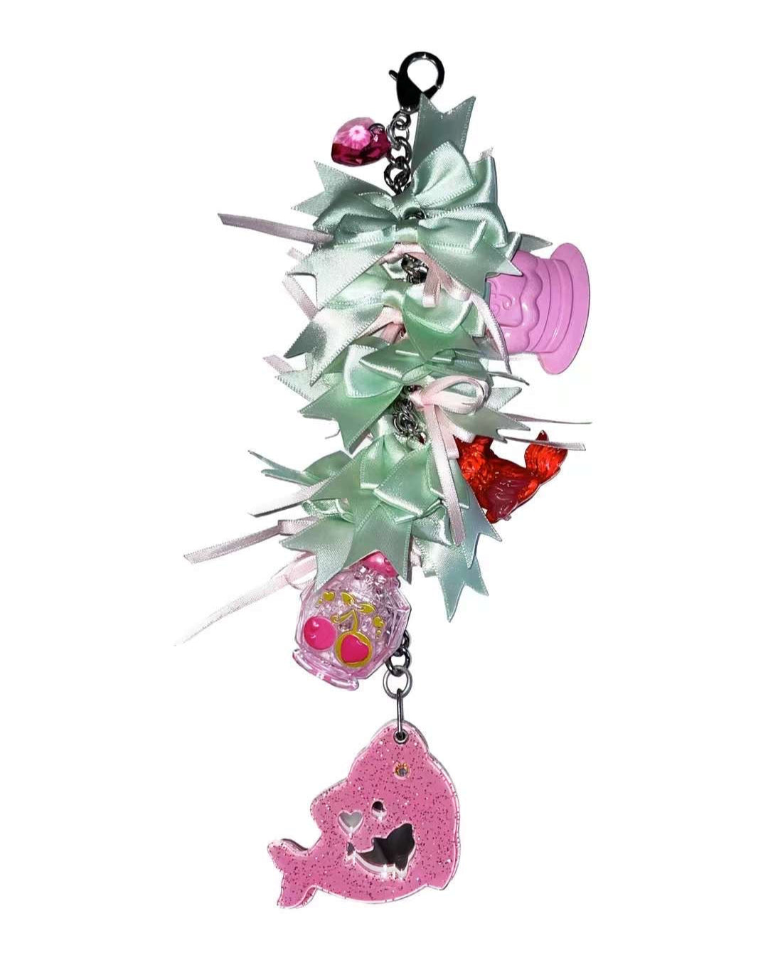 Mint Mirror Ribbon Bow Artisan Keychain - Long 06