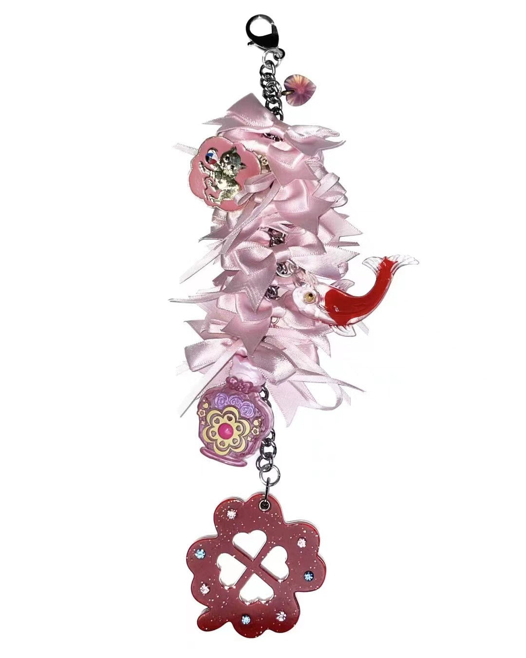 Rose Mirror Ribbon Bow Artisan Keychain - Long 05