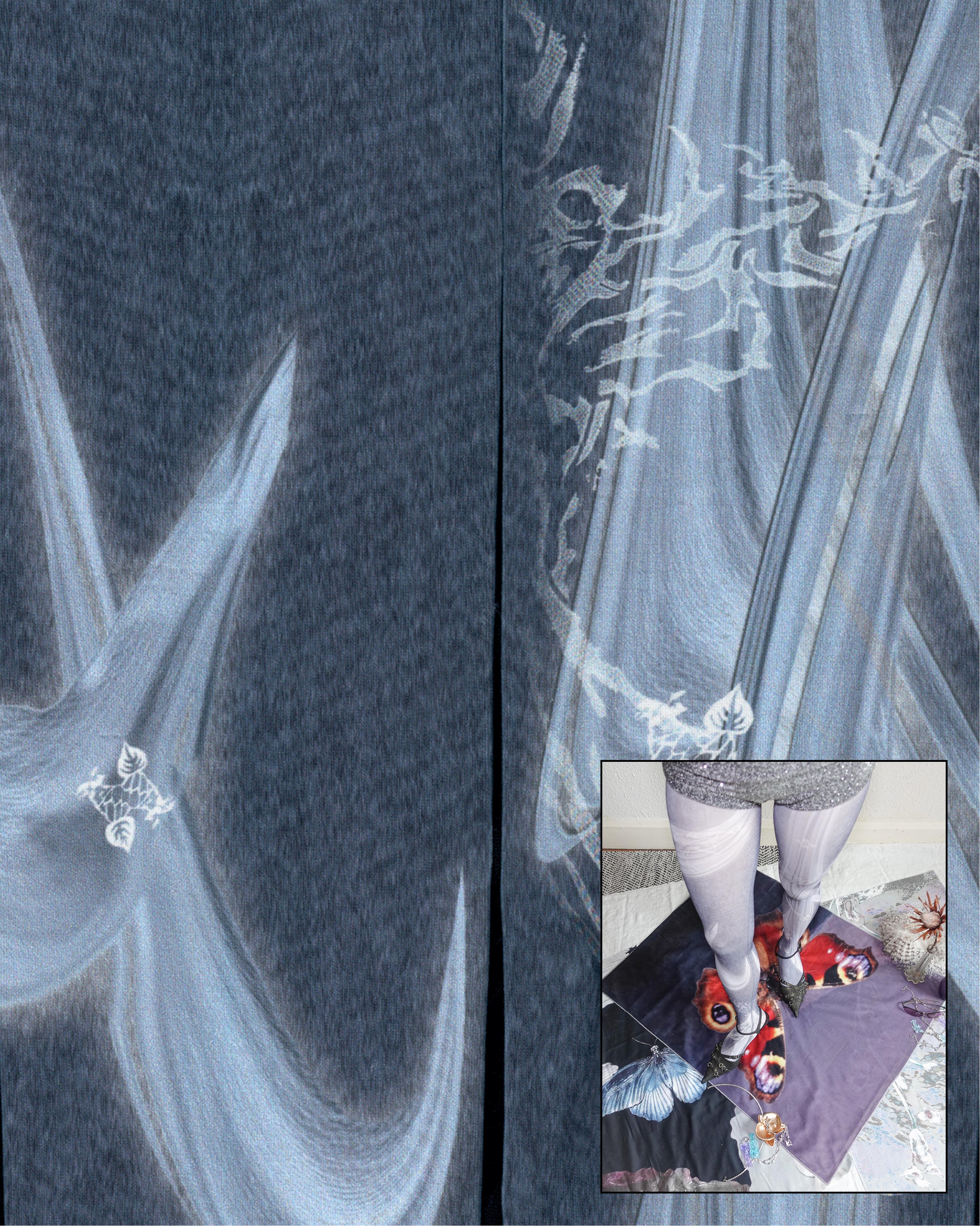 digital printed blue sheer tights with full details
