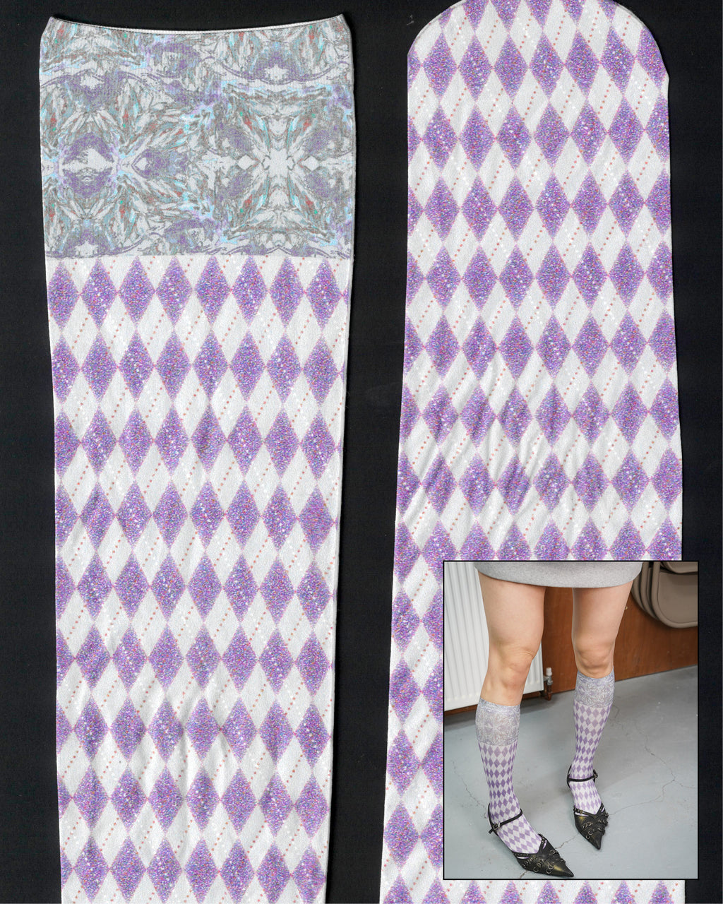 digital printed violet sheer high ankle socks with full details