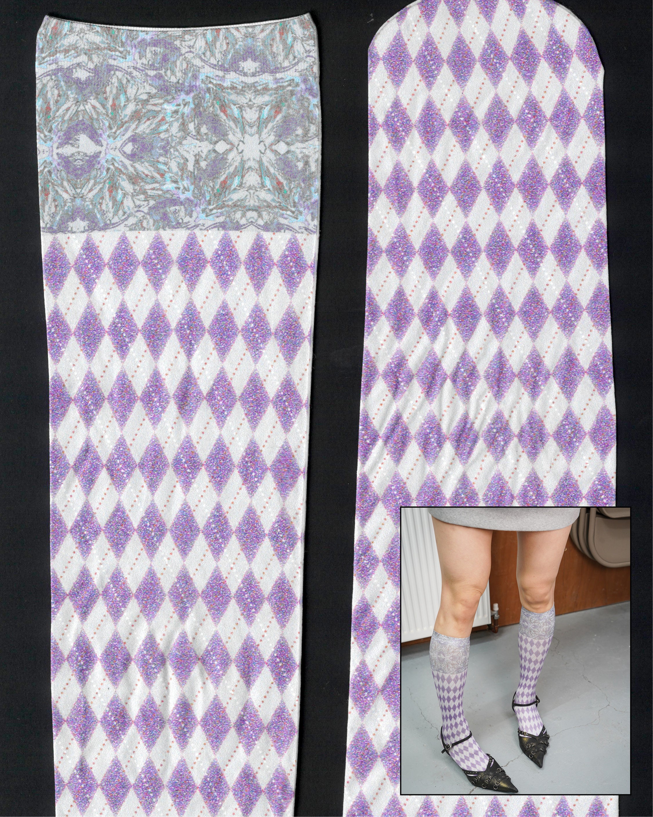 digital printed violet sheer high ankle socks with full details