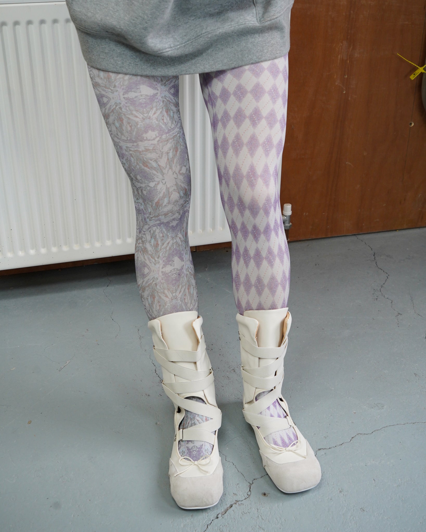 digital printed violet tights with miumiu ballet boots