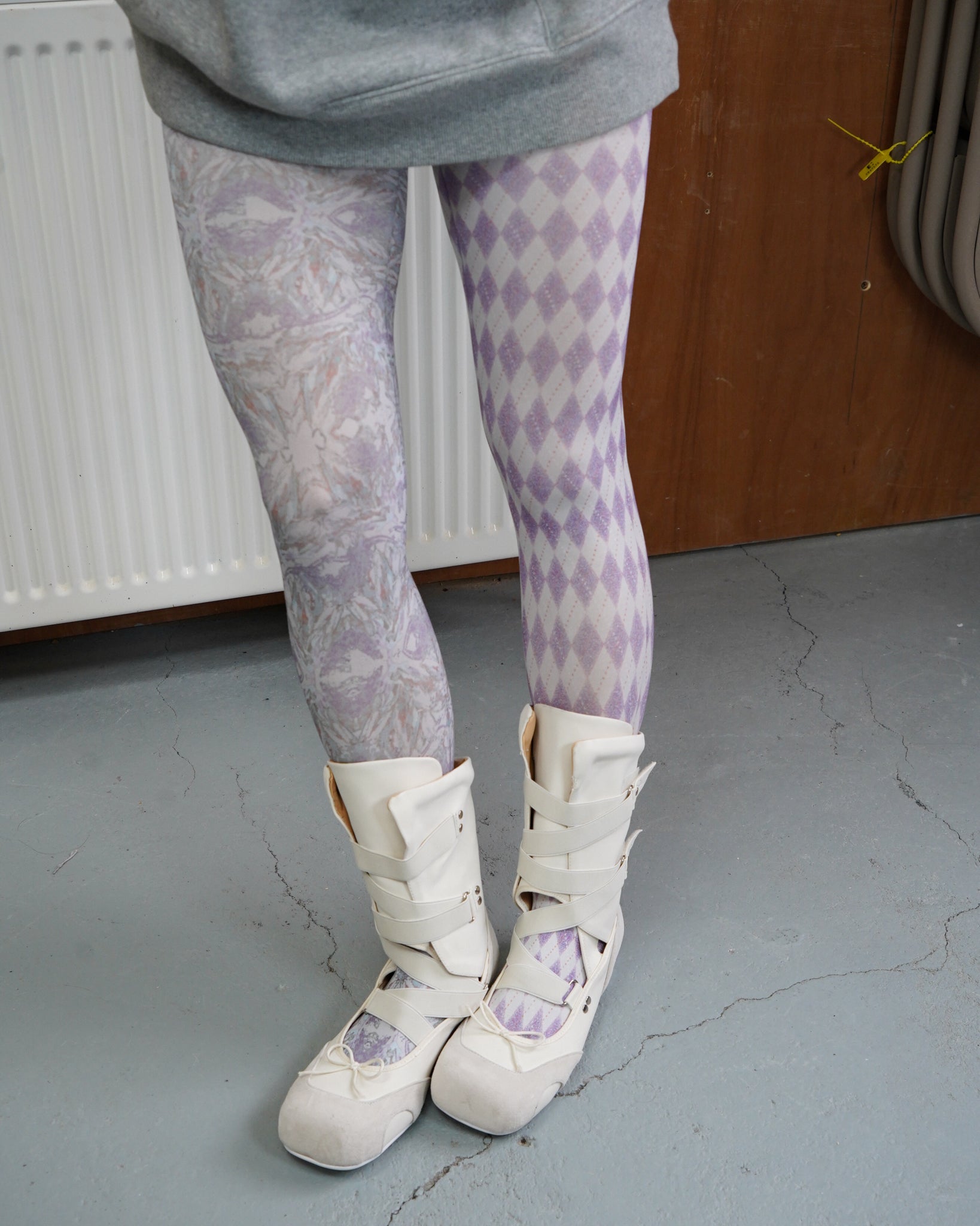 digital printed violet tights with miumiu ballet boots side angle
