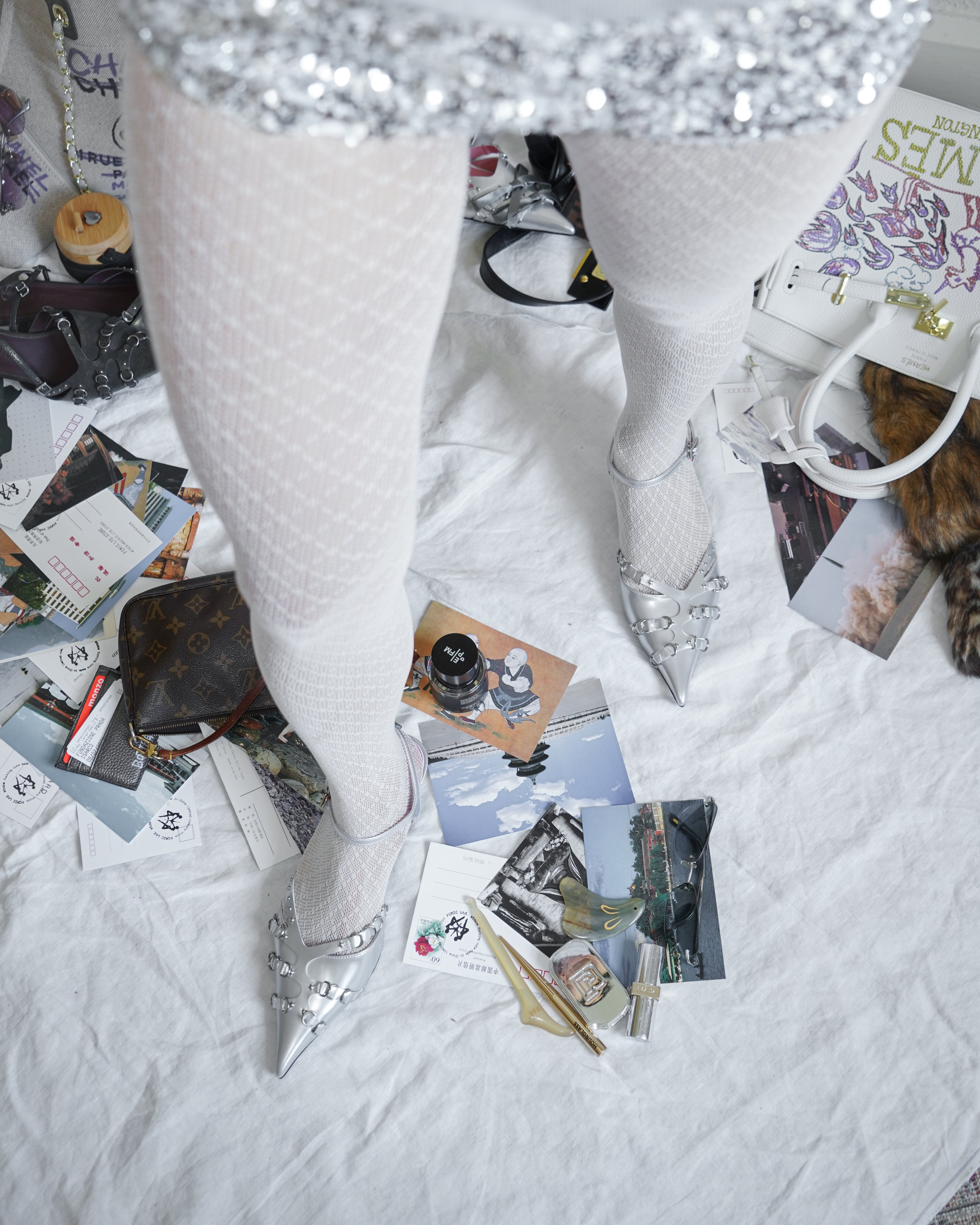 white tights with silver prada kitten heel sandal