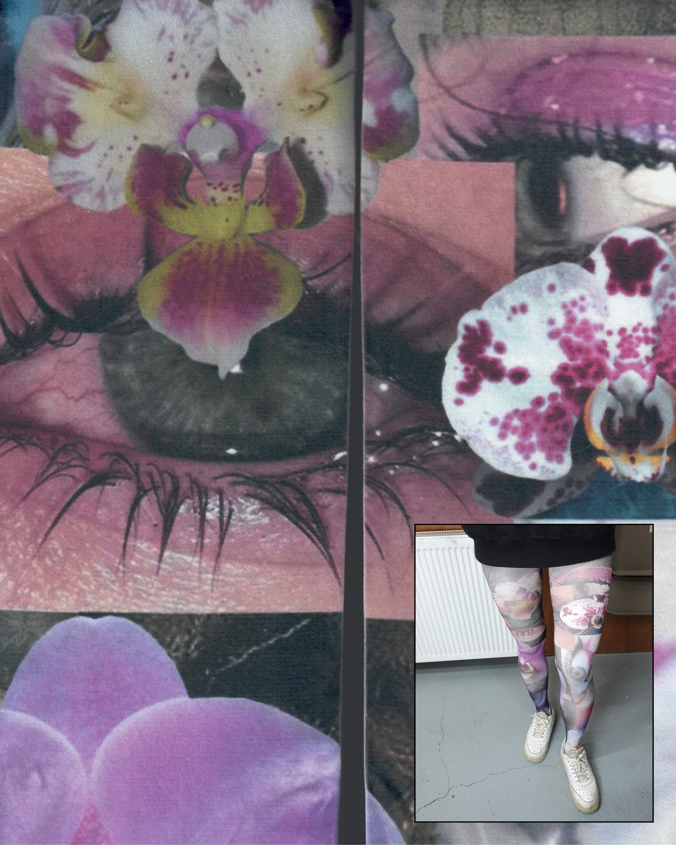 digital printed orchid flower and eyes pattern sheer tights with full details