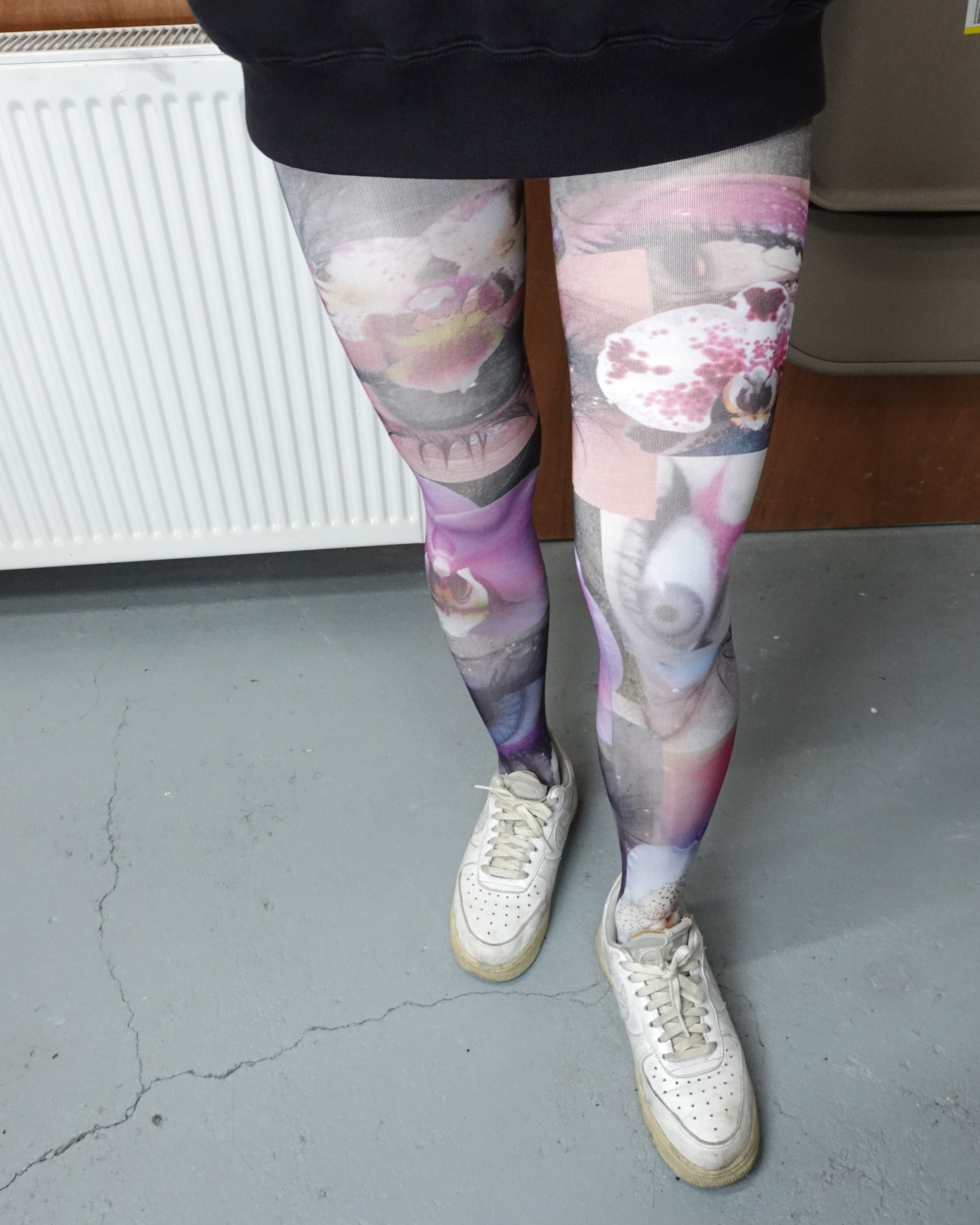 digital printed orchid flower and eyes pattern sheer tights with nike air force 1