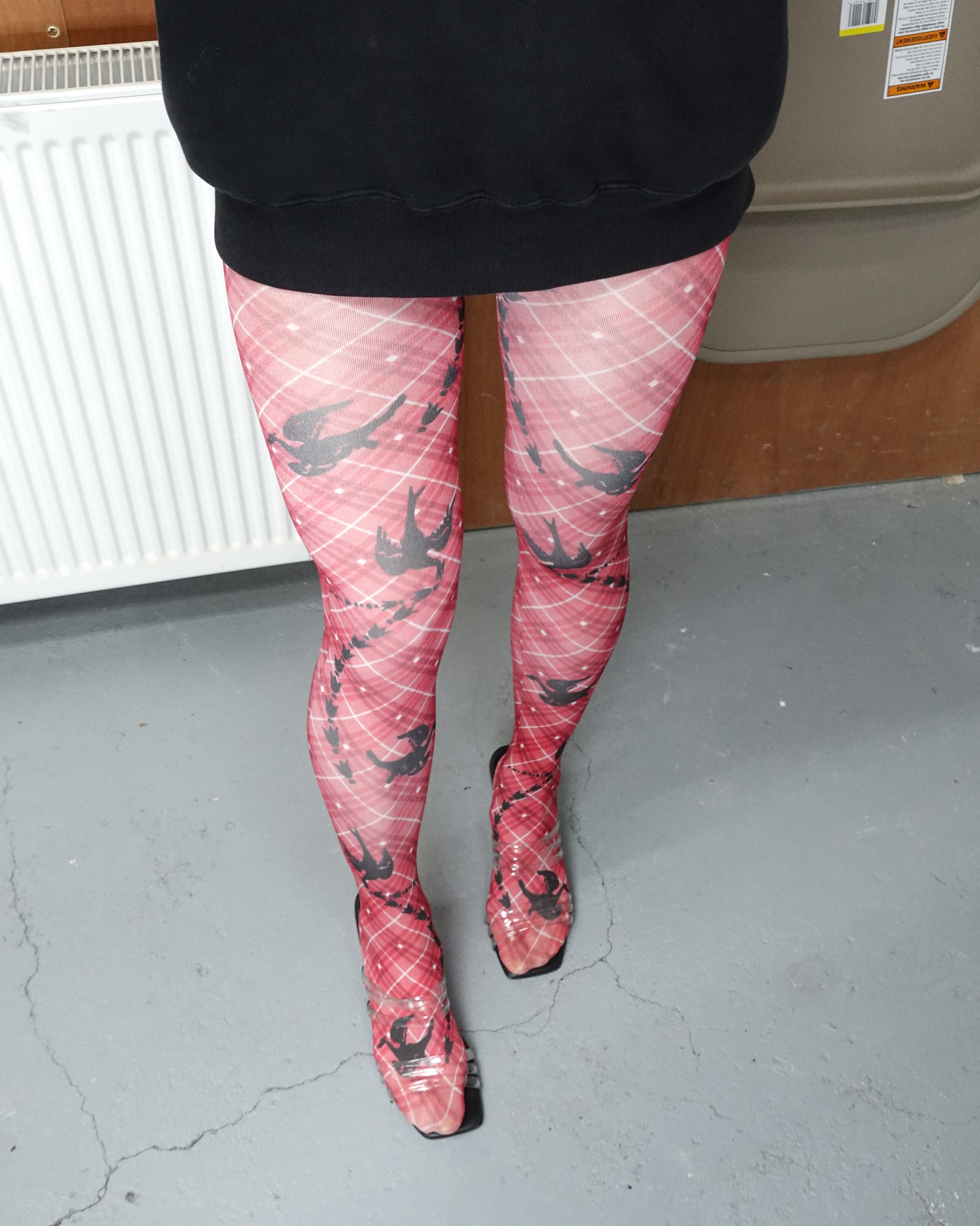 digital printed red sheer tights with miista sandals close up