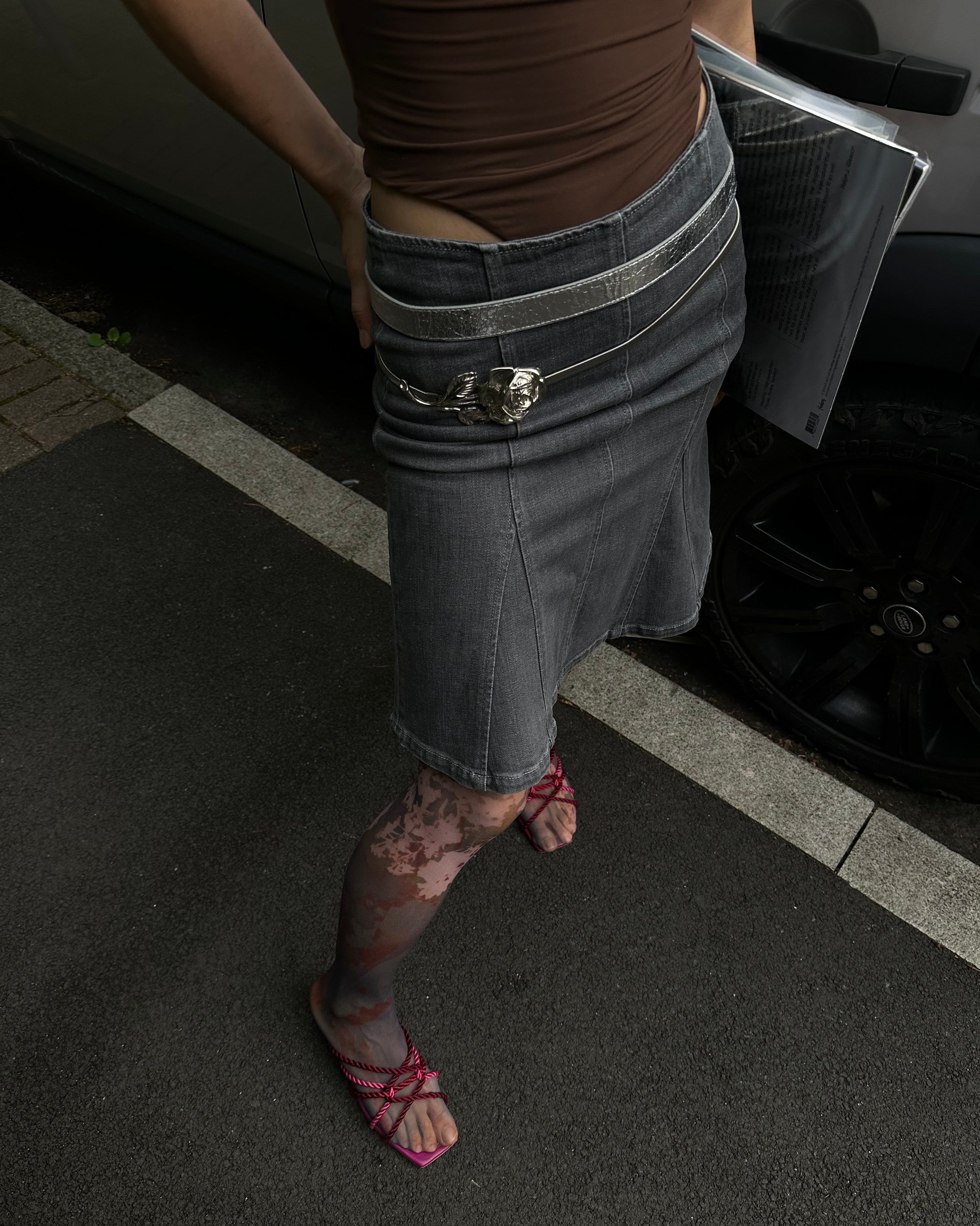 digital printed sheer tights with skims top and paloma wool grey skirt and miista sandals