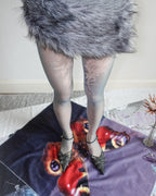 digital printed semi-sheer tights with black kitten heel sandals and faux fur skirt