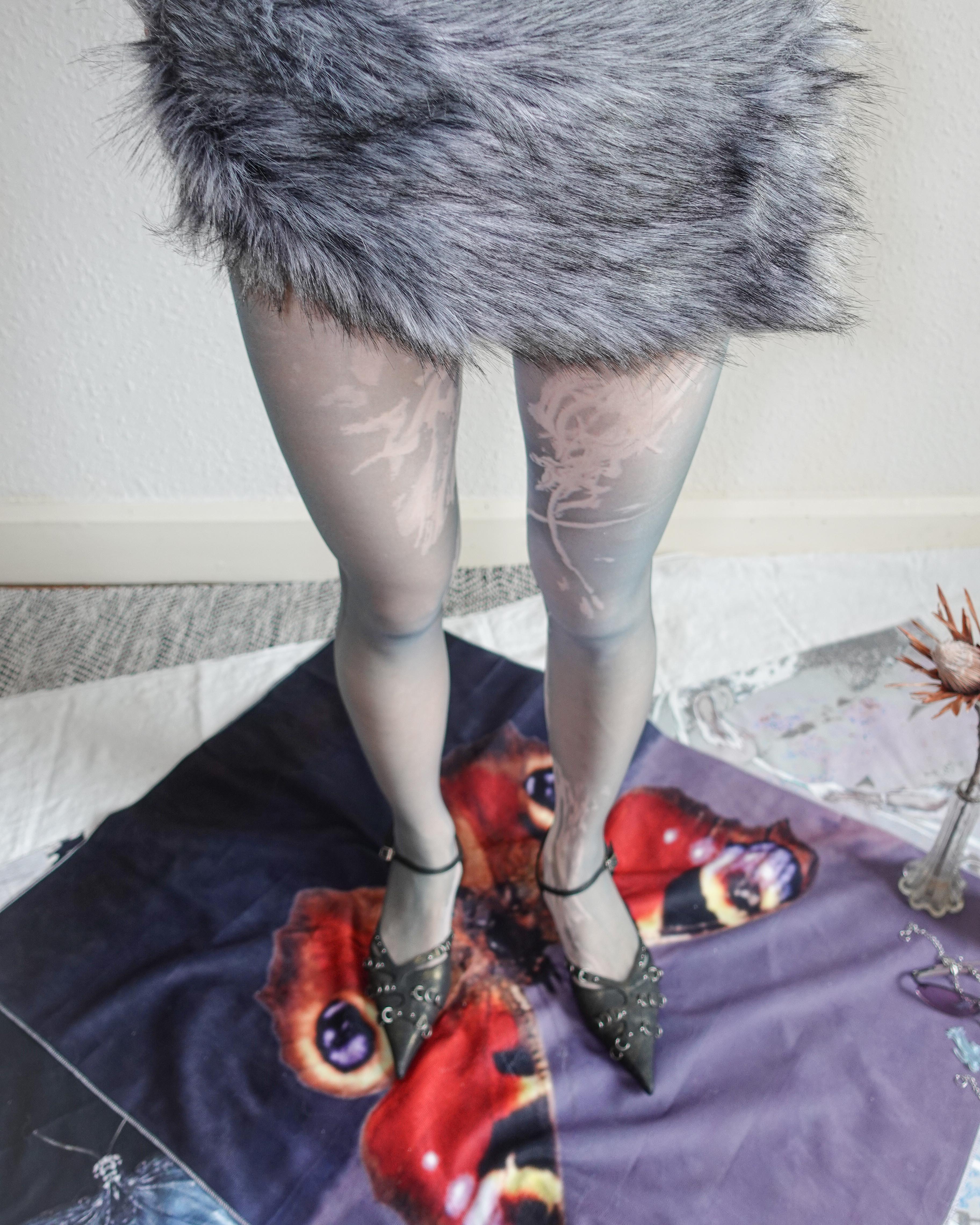 digital printed semi-sheer tights with black kitten heel sandals and faux fur skirt