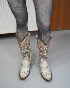 black bow ribbon sheer tights with white butterfly cow boy boots