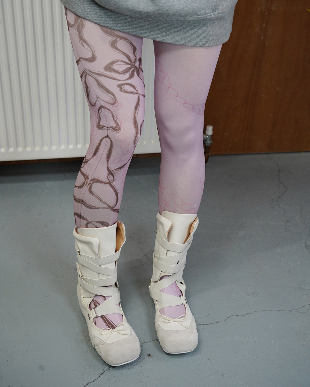 digital printed pink sheer tights with miumiu ballet boots