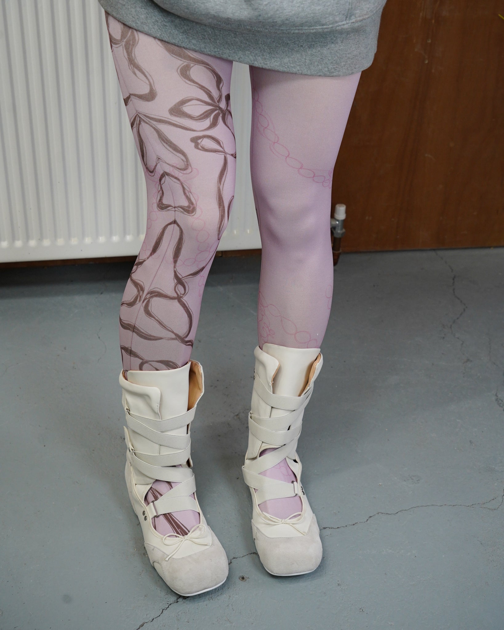 digital printed pink sheer tights with miumiu ballet boots