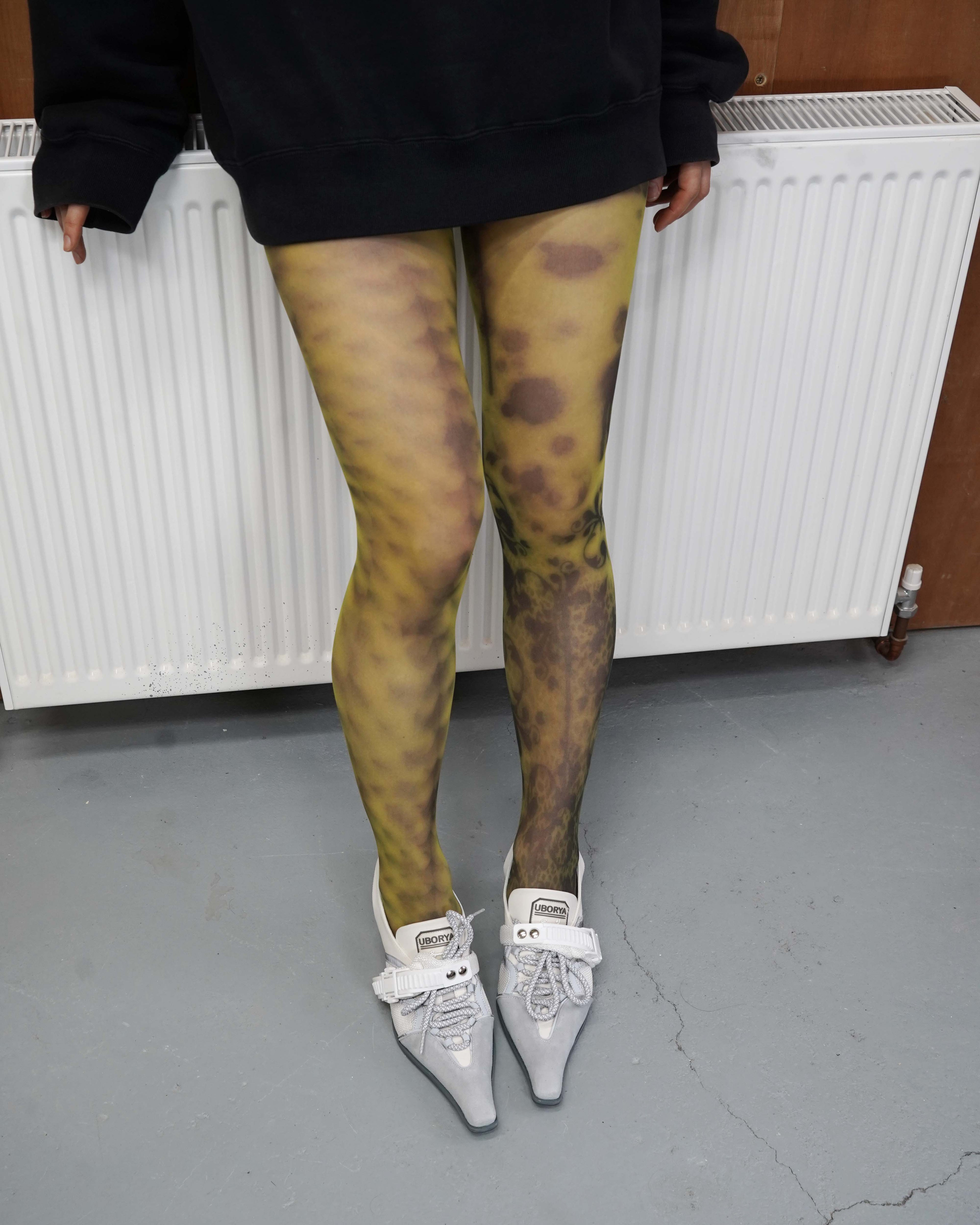 digital sheer printed tights with cyber high heel sandals front angle