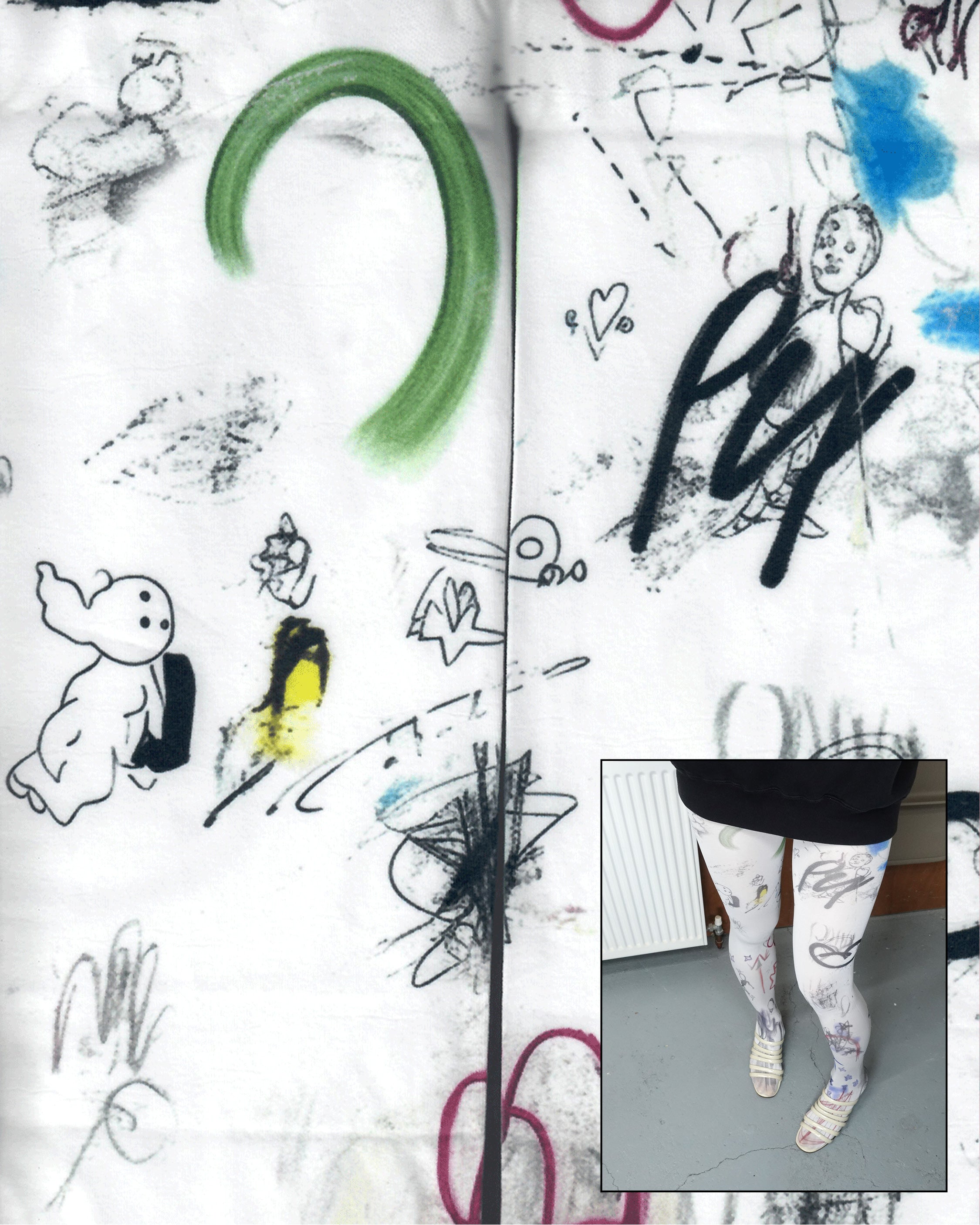 digital sketch printed sheer tights with full etails