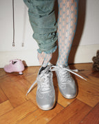 blu fishnet tights with silver kitten heel trainer