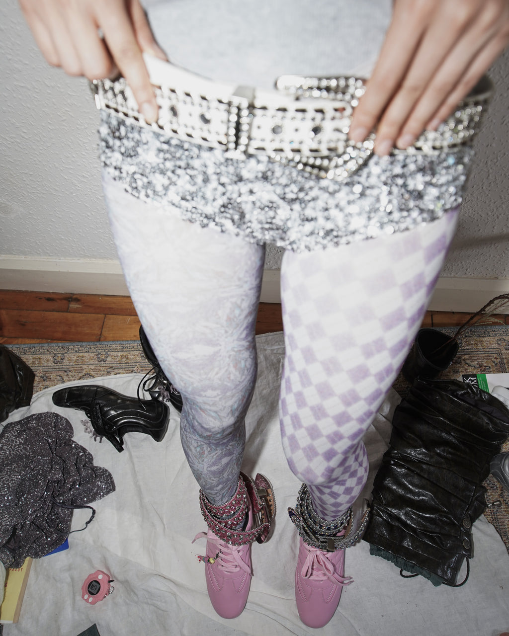 digital printed violet sheer tights with miumiu bikini and pink kitten heel trainer