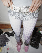 digital printed violet sheer tights with miumiu bikini and pink kitten heel trainer