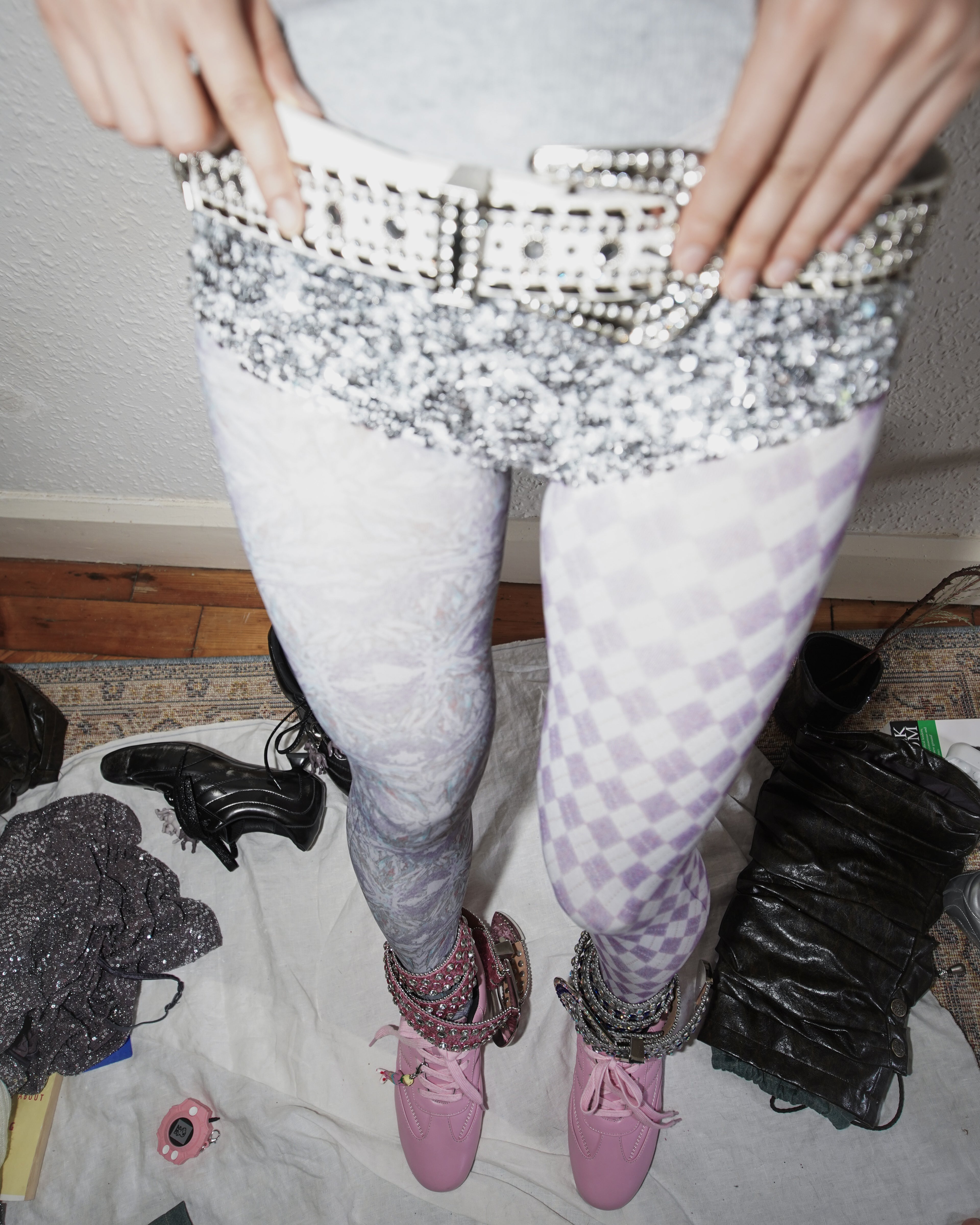 digital printed violet sheer tights with miumiu bikini and pink kitten heel trainer