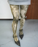 beige sheer tights on model with miumiu kitten heel sandals front side