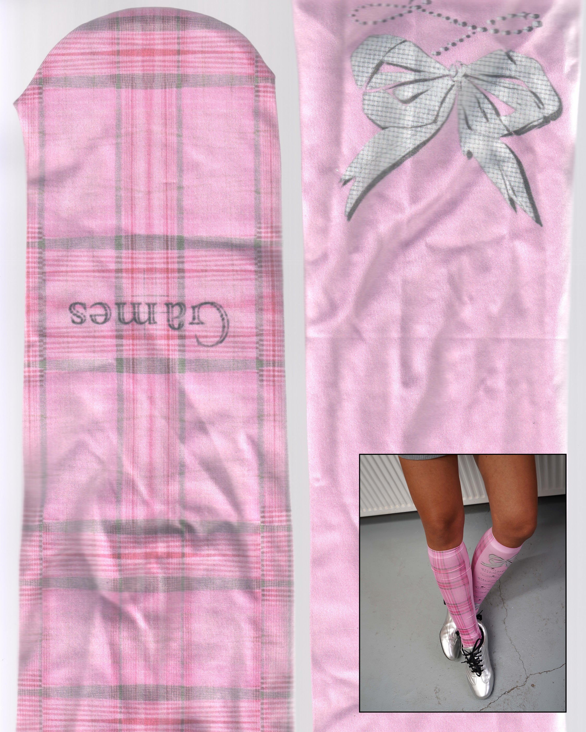 Ribbon Bow Pink Check High Ankle Socks 05
