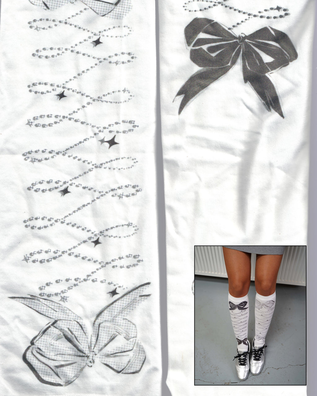 Ribbon Bow Black & White High Ankle Socks 04