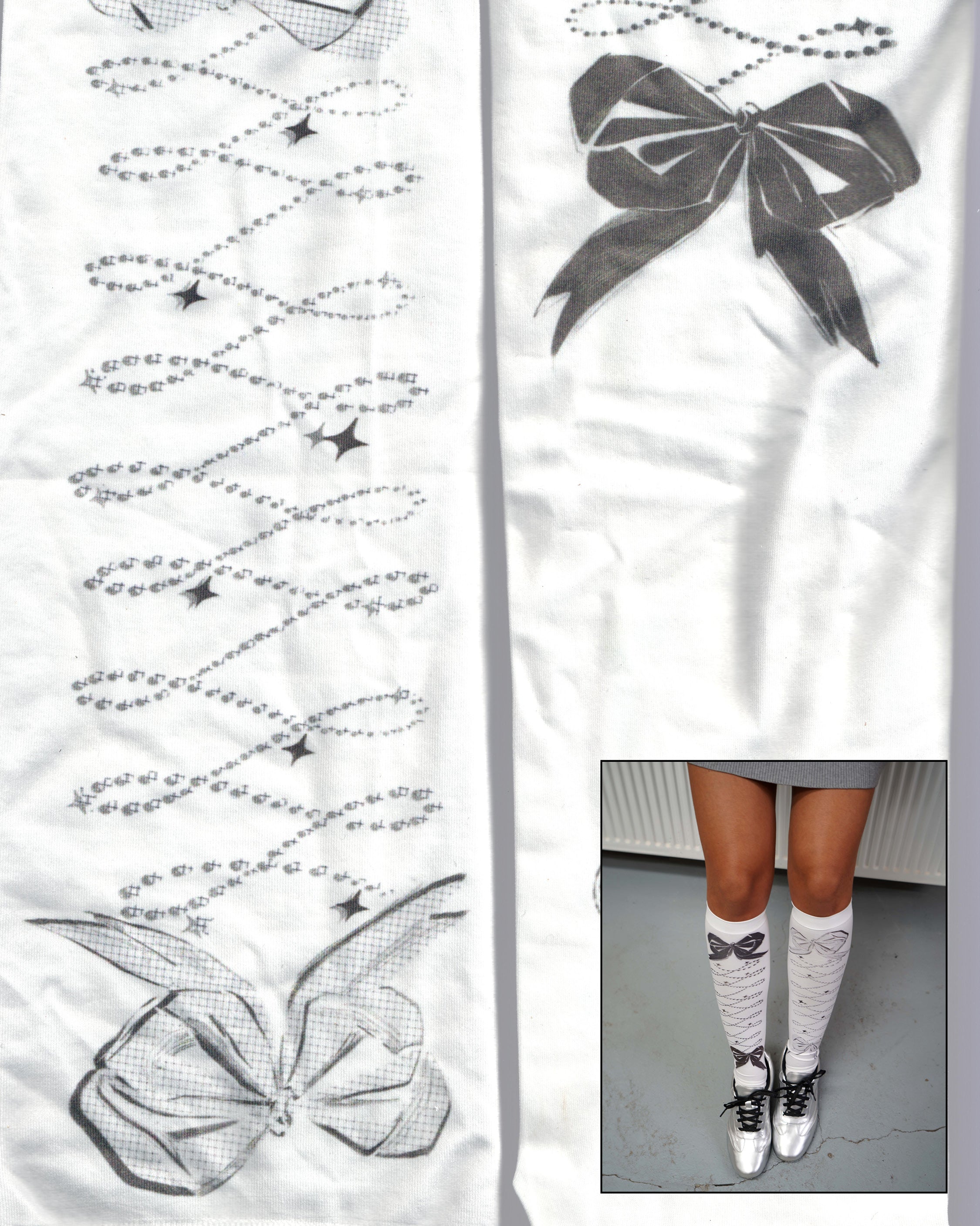 Ribbon Bow Black & White High Ankle Socks 04