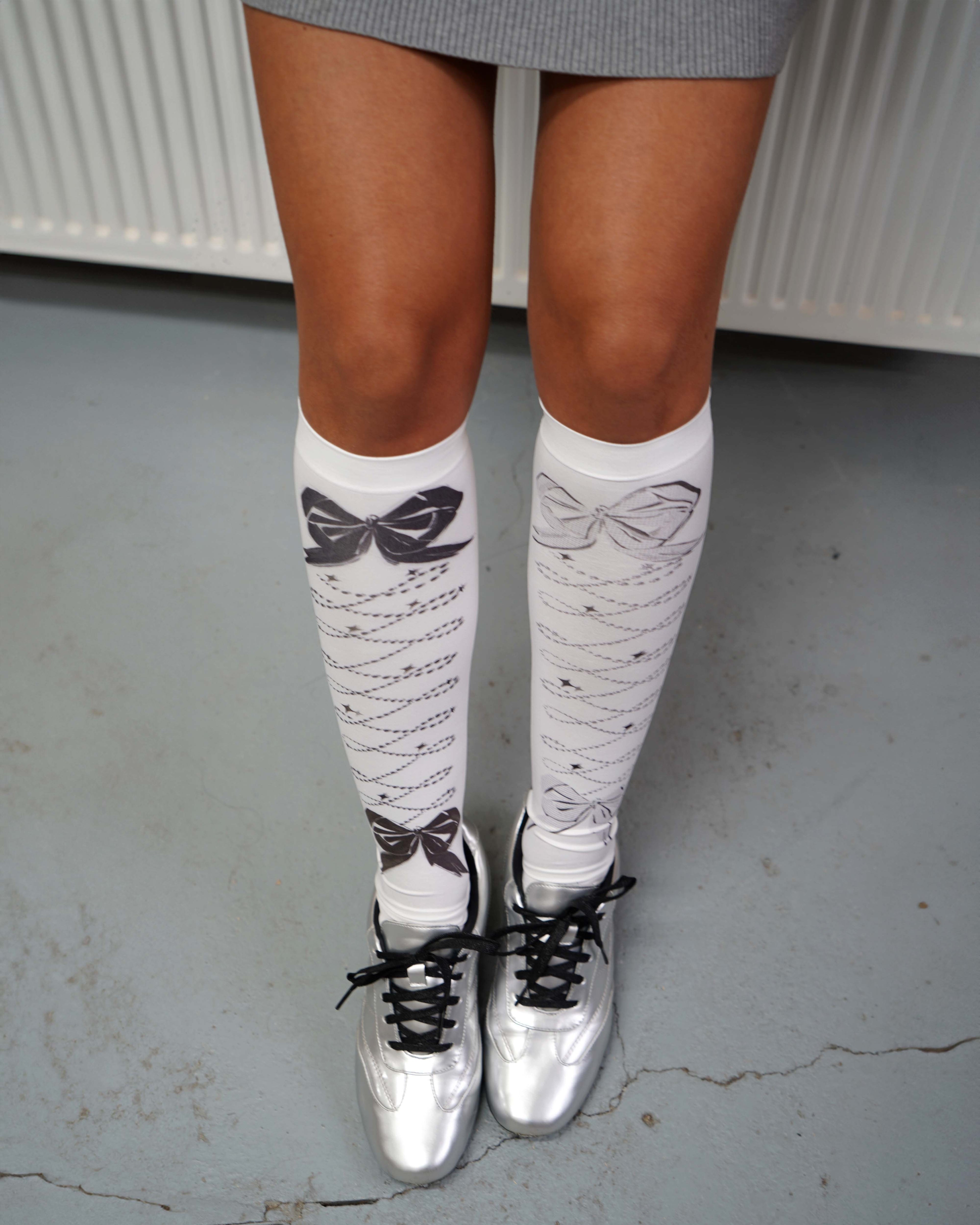 Ribbon Bow Black & White High Ankle Socks 04