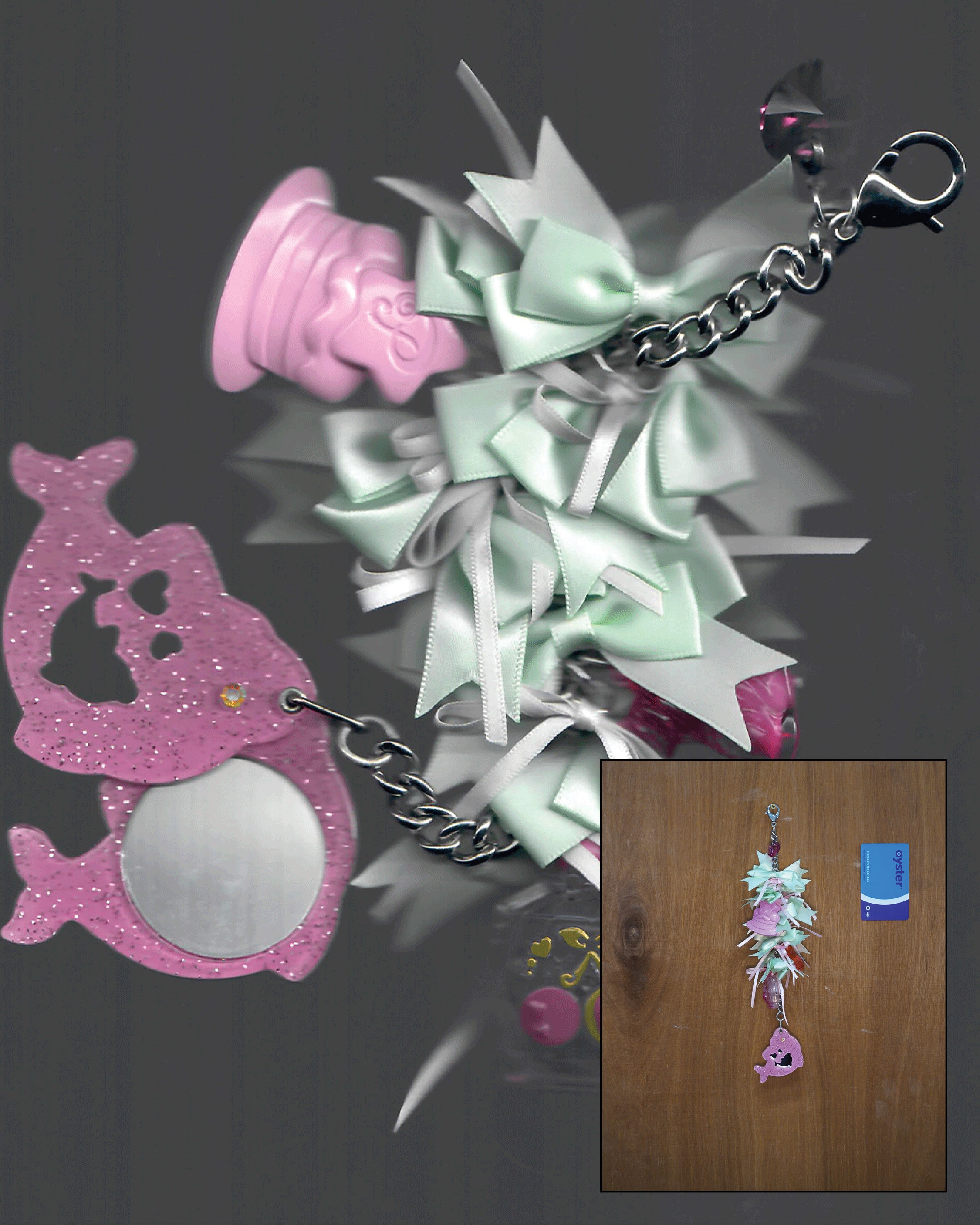 Mint Mirror Ribbon Bow Artisan Keychain - Long 06